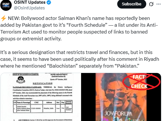 ನಟ ಸಲ್ಮಾನ್ ಖಾನ್ ರವರು ಬಲೋಚಿಸ್ತಾನ್ ಬಗ್ಗೆ ಹೇಳಿಕೆ ನೀಡಿದ್ದಕ್ಕಾಗಿ ಪಾಕಿಸ್ತಾನ ನಿಜವಾಗಿಯೂ ಅವರನ್ನು ಭಯೋತ್ಪಾದಕ ಎಂದು ಹೆಸರಿಸಿದೆಯೇ? ಸತ್ಯ ಪರಿಶೀಲನೆ