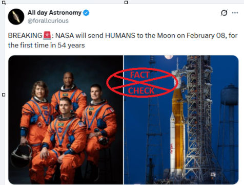 ಫೆಬ್ರವರಿ 08ರಂದು ಆರ್ಟೆಮಿಸ್ ll ರ ಅಡಿಯಲ್ಲಿ NASA ಮನುಷ್ಯರನ್ನು ಚಂದ್ರಯಾನಕ್ಕೆ ಕಳುಹಿಸುತ್ತಿದೆಯೇ? ಸತ್ಯ ಪರಿಶೀಲನೆ