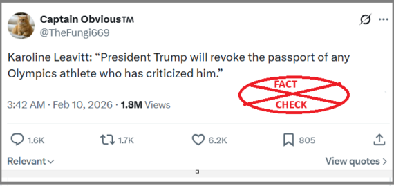 ತಮ್ಮನ್ನು ಟೀಕಿಸಿದ್ದಕ್ಕಾಗಿ ಒಲಿಂಪಿಕ್ ಕ್ರೀಡಾಪಟುಗಳ ಪಾಸ್‌ಪೋರ್ಟ್‌ಗಳನ್ನು ಟ್ರಂಪ್ ರವರು ರದ್ದುಗೊಳಿಸುವುದಾಗಿ ಕ್ಯಾರೋಲಿನ್ ಲೆವಿಟ್ ಹೇಳಿದ್ದಾರೆಯೇ? ಸತ್ಯ ಪರಿಶೀಲನೆ