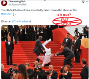 ಆಸ್ಕರ್ 2026ರ ಕಾರ್ಯಕ್ರಮದ ಸಮಯದಲ್ಲಿ ಟಿಮತಿ ಶಾಲಮೆಟ್ ನಿಜವಾಗಿಯೂ ಮೆಟ್ಟಿಲುಗಳಿಂದ ಕೆಳಗೆ ಬಿದ್ದರೇ? ಸತ್ಯ ಪರಿಶೀಲನೆ